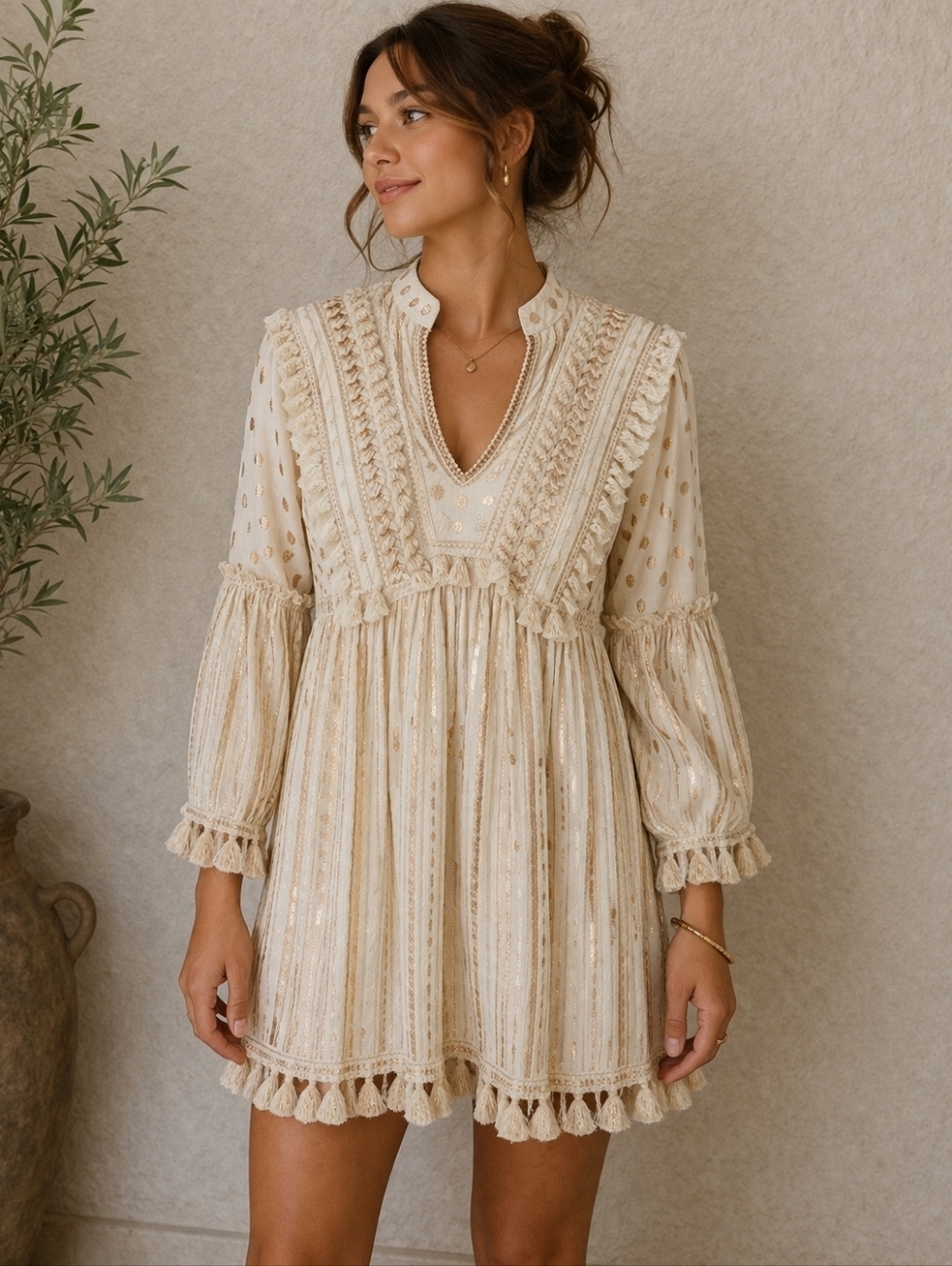 BUBY.S Bohemian Tassel Copper Metallic Striped Polka Dot Coastal Festival Tunic